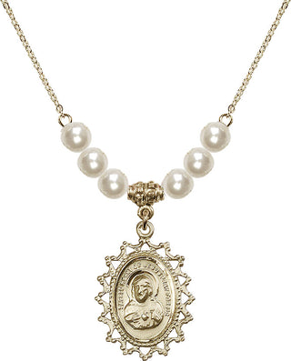 18" Hamilton Gold Plated Necklace with 6mm Faux-Pearl Beads featuring a 14kt Gold Filled Scapular Medal.