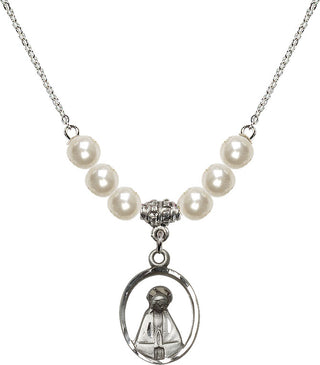 18" Rhodium Plated Necklace with 6mm Faux-Pearl Beads featuring a Sterling Silver Madonna Medal.