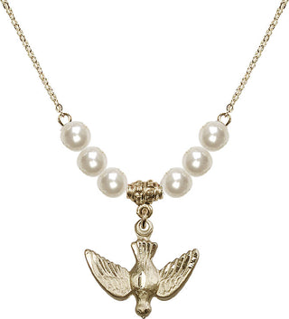 18" Hamilton Gold Plated Necklace with 6mm Faux-Pearl Beads featuring a 14kt Gold Filled Holy Spirit Medal.