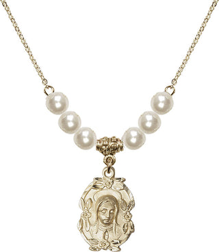 18" Hamilton Gold Plated Necklace with 6mm Faux-Pearl Beads featuring a 14kt Gold Filled Madonna Medal.