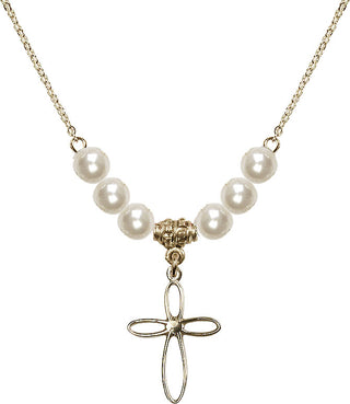 18" Hamilton Gold Plated Necklace with 6mm Faux-Pearl Beads featuring a 14kt Gold Filled Loop Cross Medal.