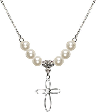 18" Rhodium Plated Necklace with 6mm Faux-Pearl Beads featuring a Sterling Silver Loop Cross Medal.