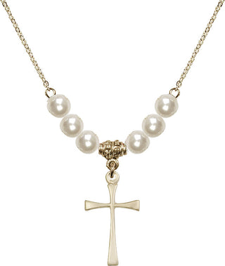 18" Hamilton Gold Plated Necklace with 6mm Faux-Pearl Beads featuring a 14kt Gold Filled Maltese Cross Medal.