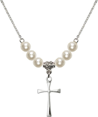 18" Rhodium Plated Necklace with 6mm Faux-Pearl Beads featuring a Sterling Silver Maltese Cross Medal.