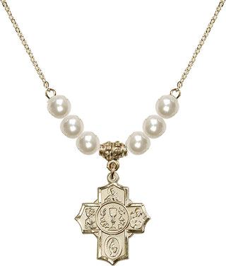 18" Hamilton Gold Plated Necklace with 6mm Faux-Pearl Beads featuring a 14kt Gold Filled Communion/5-Way Medal.