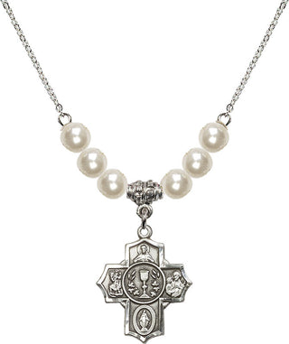 18" Rhodium Plated Necklace with 6mm Faux-Pearl Beads featuring a Sterling Silver Communion/5-Way Medal.