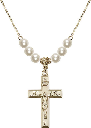 18" Hamilton Gold Plated Necklace with 6mm Faux-Pearl Beads featuring a 14kt Gold Filled Crucifix Medal.
