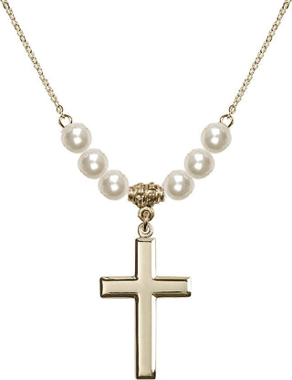 18" Hamilton Gold Plated Necklace with 6mm Faux-Pearl Beads featuring a 14kt Gold Filled Cross Medal.