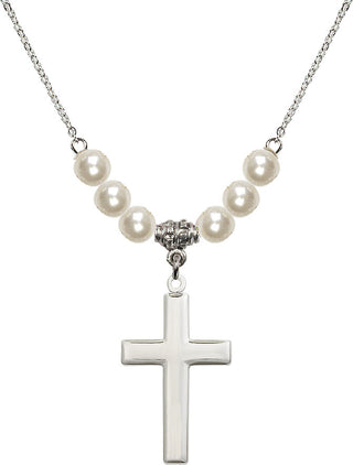 18" Rhodium Plated Necklace with 6mm Faux-Pearl Beads featuring a Sterling Silver Cross Medal.