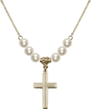 18" Hamilton Gold Plated Necklace with 6mm Faux-Pearl Beads featuring a 14kt Gold Filled Cross Medal.