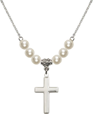 18" Rhodium Plated Necklace with 6mm Faux-Pearl Beads featuring a Sterling Silver Cross Medal.