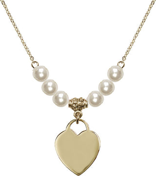 18" Hamilton Gold Plated Necklace with 6mm Faux-Pearl Beads featuring a 14kt Gold Filled Heart Medal. Engraved Catholic Saint Jewelry