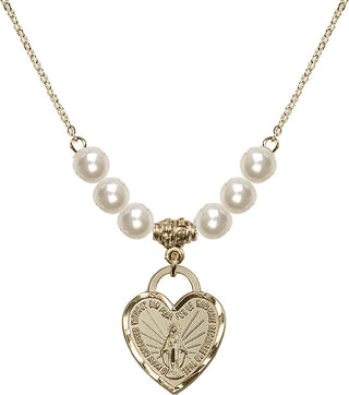 18" Hamilton Gold Plated Necklace with 6mm Faux-Pearl Beads featuring a 14kt Gold Filled Miraculous Heart Medal. Engraved Catholic Saint Jewelry