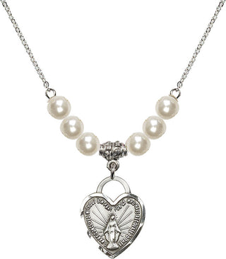 18" Rhodium Plated Necklace with 6mm Faux-Pearl Beads featuring a Sterling Silver Miraculous Heart Medal. Engraved Catholic Saint Jewelry