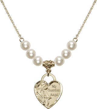 18" Hamilton Gold Plated Necklace with 6mm Faux-Pearl Beads featuring a 14kt Gold Filled Guardian Angel Heart Medal. Engraved Catholic Saint Jewelry