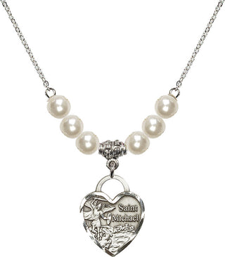 18" Rhodium Plated Necklace with 6mm Faux-Pearl Beads featuring a Sterling Silver Saint Michael the Archangel Medal. Engraved Catholic Saint Jewelry