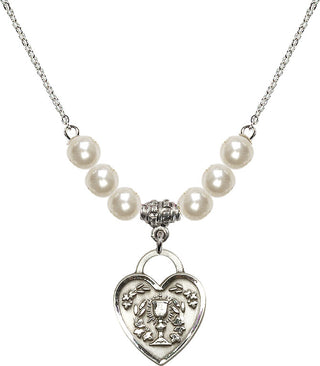 18" Rhodium Plated Necklace with 6mm Faux-Pearl Beads featuring a Sterling Silver Communion Heart Medal. Engraved Catholic Saint Jewelry
