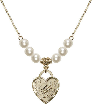 18" Hamilton Gold Plated Necklace with 6mm Faux-Pearl Beads featuring a 14kt Gold Filled Graduation Heart Medal. Engraved Catholic Saint Jewelry