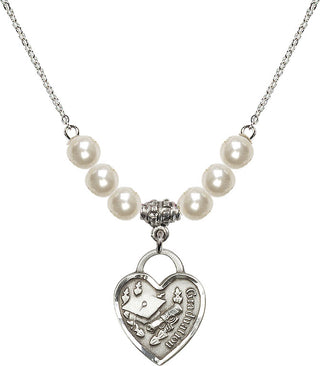 18" Rhodium Plated Necklace with 6mm Faux-Pearl Beads featuring a Sterling Silver Graduation Heart Medal. Engraved Catholic Saint Jewelry