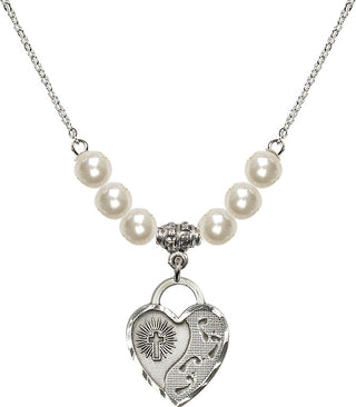 18" Rhodium Plated Necklace with 6mm Faux-Pearl Beads featuring a Sterling Silver Footprints Heart Medal. Engraved Catholic Saint Jewelry