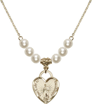18" Hamilton Gold Plated Necklace with 6mm Faux-Pearl Beads featuring a 14kt Gold Filled Our Lady Guadalupe Heart / Recuerdo Medal.