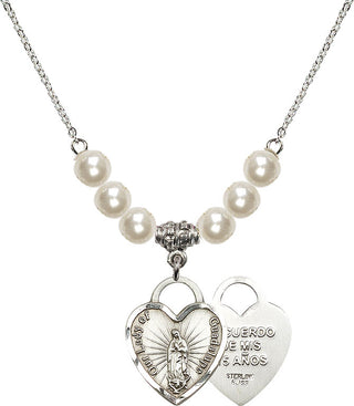 18" Rhodium Plated Necklace with 6mm Faux-Pearl Beads featuring a Sterling Silver Our Lady Guadalupe Heart / Recuerdo Medal.