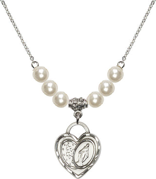 18" Rhodium Plated Necklace with 6mm Faux-Pearl Beads featuring a Sterling Silver Miraculous Heart Medal.