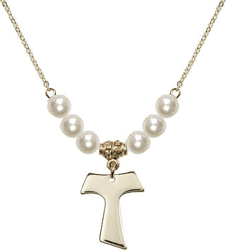 18" Hamilton Gold Plated Necklace with 6mm Faux-Pearl Beads featuring a 14kt Gold Filled Tau Cross Medal.