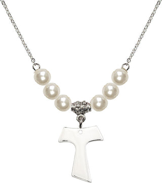 18" Rhodium Plated Necklace with 6mm Faux-Pearl Beads featuring a Sterling Silver Tau Cross Medal.