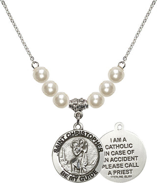18" Rhodium Plated Necklace with 6mm Faux-Pearl Beads featuring a Sterling Silver Saint Christopher Medal.