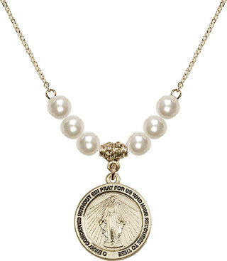 18" Hamilton Gold Plated Necklace with 6mm Faux-Pearl Beads featuring a 14kt Gold Filled Miraculous Medal.