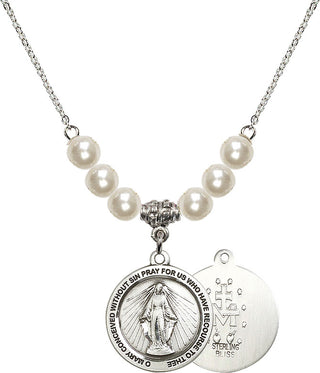 18" Rhodium Plated Necklace with 6mm Faux-Pearl Beads featuring a Sterling Silver Miraculous Medal.
