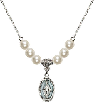 18" Rhodium Plated Necklace with 6mm Faux-Pearl Beads featuring a Sterling Silver Miraculous Medal.
