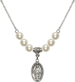 18" Rhodium Plated Necklace with 6mm Faux-Pearl Beads featuring a Sterling Silver Miraculous Medal.