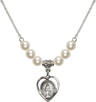 18" Rhodium Plated Necklace with 6mm Faux-Pearl Beads featuring a Sterling Silver Miraculous Medal.
