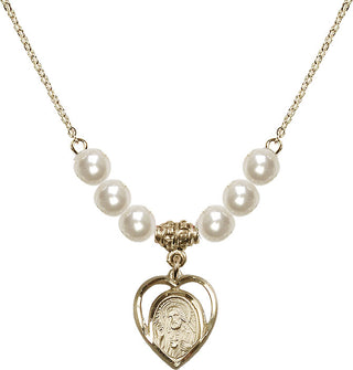 18" Hamilton Gold Plated Necklace with 6mm Faux-Pearl Beads featuring a 14kt Gold Filled Scapular Medal.