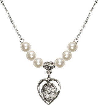 18" Rhodium Plated Necklace with 6mm Faux-Pearl Beads featuring a Sterling Silver Scapular Medal.