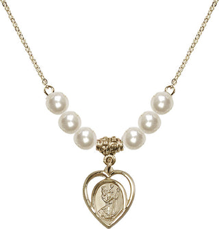 18" Hamilton Gold Plated Necklace with 6mm Faux-Pearl Beads featuring a 14kt Gold Filled Saint Christopher Medal.