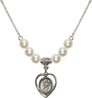18" Rhodium Plated Necklace with 6mm Faux-Pearl Beads featuring a Sterling Silver Saint Christopher Medal.