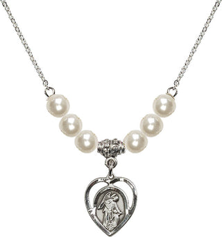 18" Rhodium Plated Necklace with 6mm Faux-Pearl Beads featuring a Sterling Silver Guardian Angel Medal.
