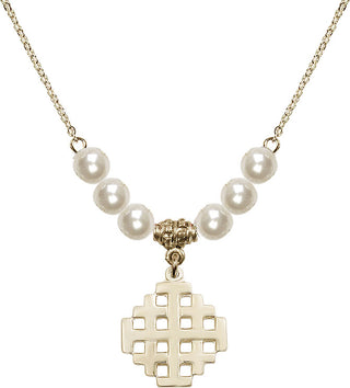18" Hamilton Gold Plated Necklace with 6mm Faux-Pearl Beads featuring a 14kt Gold Filled Jerusalem Cross Medal.