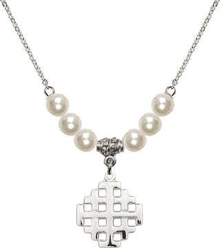 18" Rhodium Plated Necklace with 6mm Faux-Pearl Beads featuring a Sterling Silver Jerusalem Cross Medal.