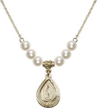 18" Hamilton Gold Plated Necklace with 6mm Faux-Pearl Beads featuring a 14kt Gold Filled Miraculous Medal.
