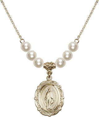 18" Hamilton Gold Plated Necklace with 6mm Faux-Pearl Beads featuring a 14kt Gold Filled Miraculous Medal.