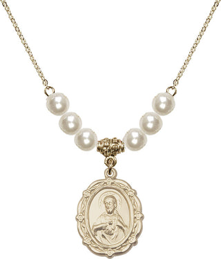 18" Hamilton Gold Plated Necklace with 6mm Faux-Pearl Beads featuring a 14kt Gold Filled Scapular Medal.
