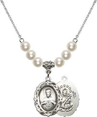 18" Rhodium Plated Necklace with 6mm Faux-Pearl Beads featuring a Sterling Silver Scapular Medal.