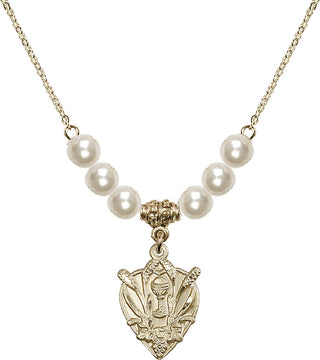 18" Hamilton Gold Plated Necklace with 6mm Faux-Pearl Beads featuring a 14kt Gold Filled Communion Medal.