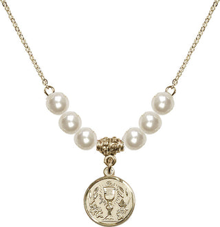 18" Hamilton Gold Plated Necklace with 6mm Faux-Pearl Beads featuring a 14kt Gold Filled Communion Chalice Medal.