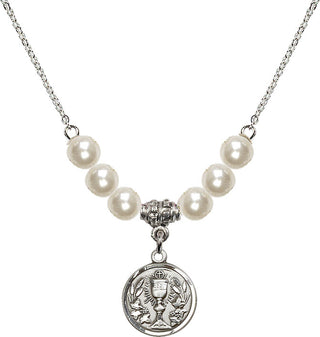 18" Rhodium Plated Necklace with 6mm Faux-Pearl Beads featuring a Sterling Silver Communion Chalice Medal.