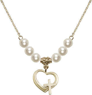 18" Hamilton Gold Plated Necklace with 6mm Faux-Pearl Beads featuring a 14kt Gold Filled Heart / Cross Medal.